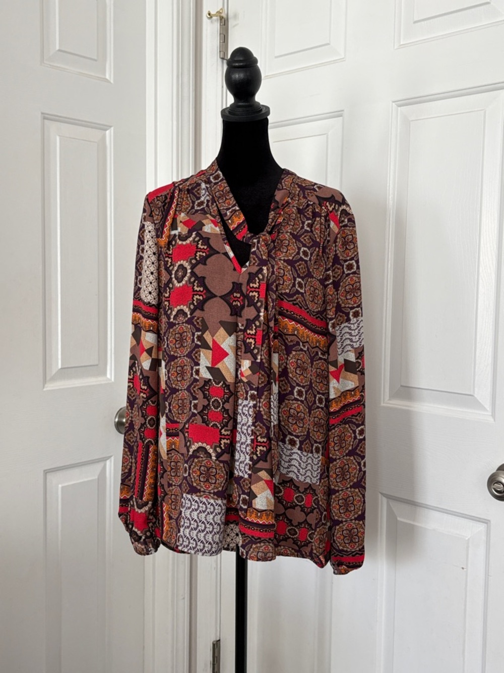Daniel Rainn Patchwork Print Tie-Neck Blouse in Brown and Red Patchwork